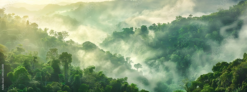 High angle view of a foggy forest landscape with morning light High angle view of a foggy forest landscape with morning light