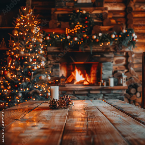 "Cozy Morning Ambience: Wooden Table with Steaming Coffee by the Fireside"