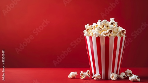 Popcorn in classic striped bukcet on red background © Rosie