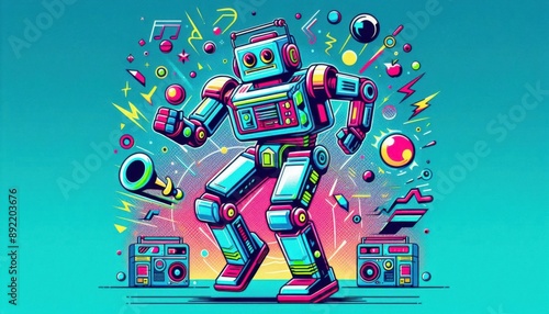 dancing robot in blue background