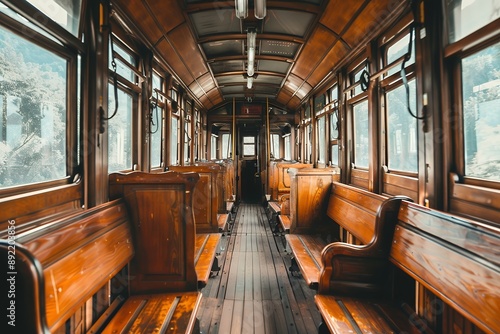 Vintage wooden train interior with rows of seats and windows