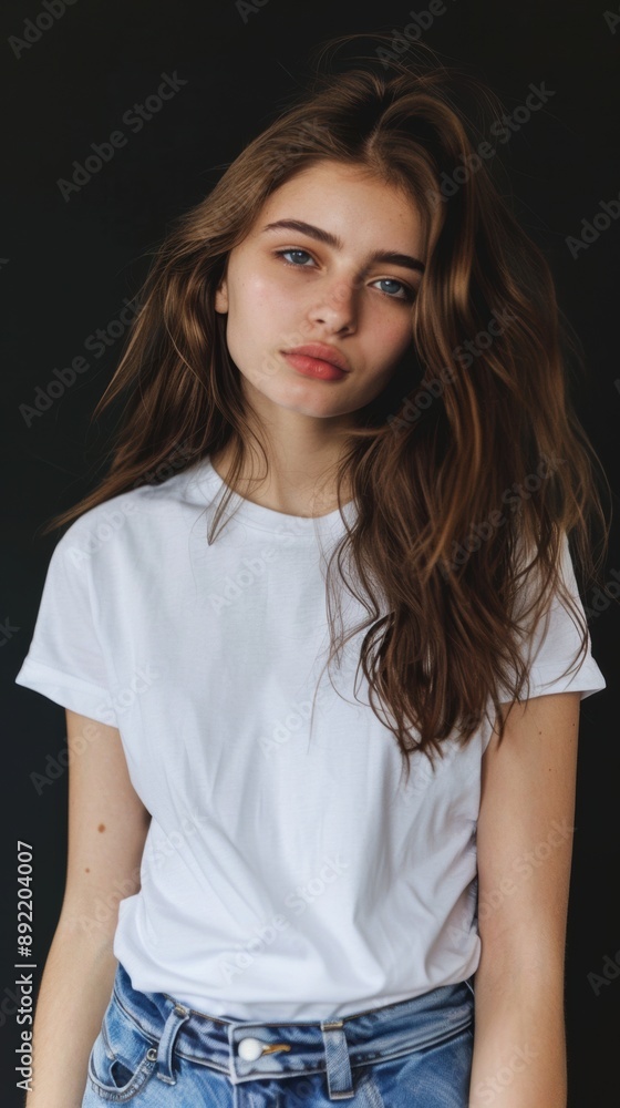 A woman with long hair wearing a white shirt A woman with long hair wearing a white shirt