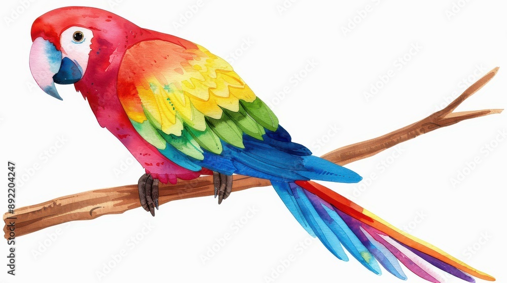 Fototapeta premium Colorful parrot perched on a branch, vibrant watercolor illustration on white background.