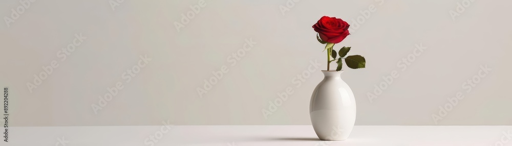 Create a minimalist close-up image of a white ceramic vase with a single red rose stem Focus on clean lines and negative space Use soft Create a minimalist close-up image of a white ceramic vase with a single red rose stem Focus on clean lines and negative space Use soft