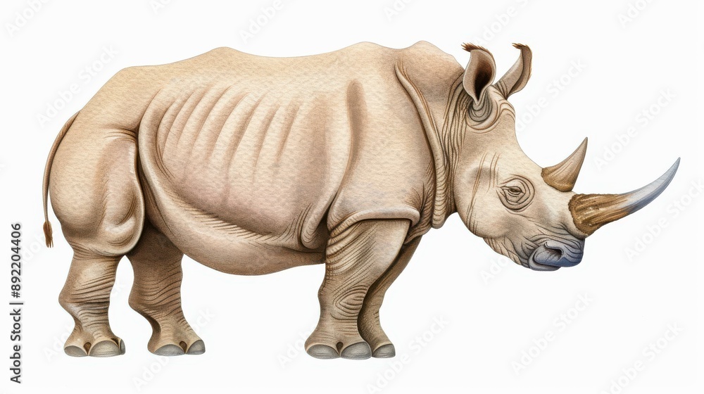 Obraz premium Detailed watercolor rhino art on white backdrop.