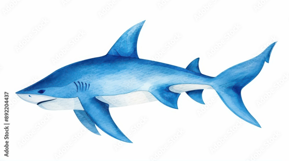Fototapeta premium Detailed watercolor painting of a shark on a white background.