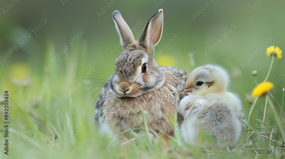 Fototapeta premium Rabbit and chick hugging to each other in the field