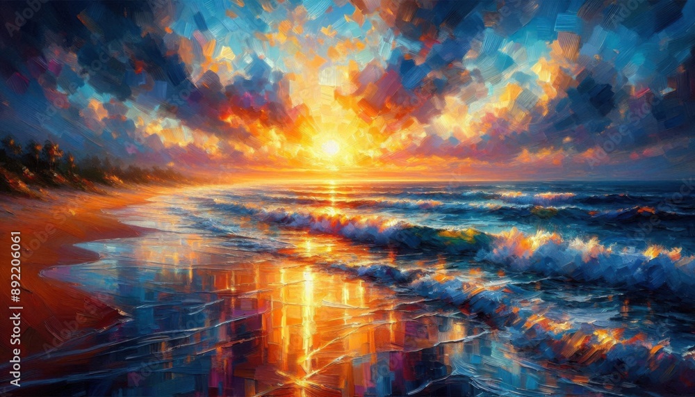 Fototapeta premium Sunlit Shore: Watercolor Beach Scene