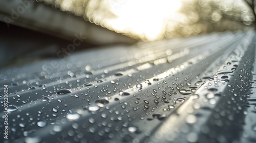 Close-up of a gray metal roof with water drops, capturing the detail and texture of the surface. The sunlight in the background creates a serene atmosphere, highlighting the roof's wet photo