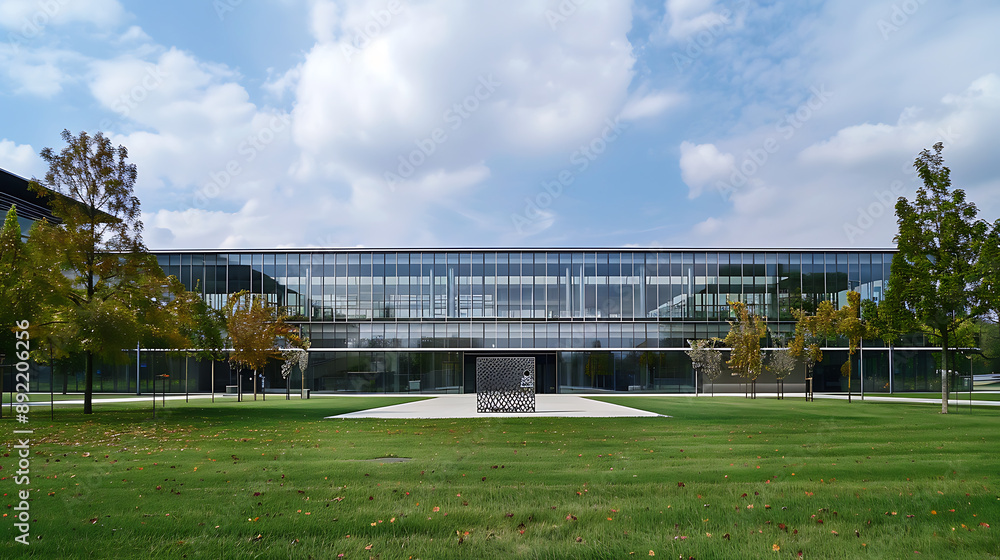 Fototapeta premium a modern building with a large glass facade and a distinctive rectangular structure. In front of the building