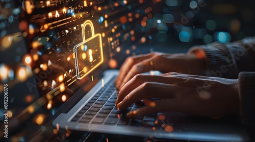 notion of cybersecurity. A luminous padlock hologram that is radiating from the laptop screen as a person's hands are typing on it represents digital security and data protection.