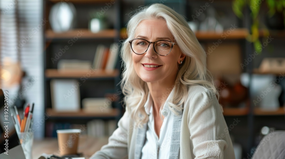 Smiling mid aged business woman looking at web cam video conference calling in virtual chat meeting, Smiling mid aged business woman looking at web cam video conference calling in virtual chat meeting,