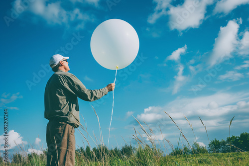 A meteorologist is launching a weather balloon from a field on a research site on a sunny day.