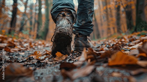 A close-up of a man hiking in the forest with a focus on muddy shoes and fallen leaves