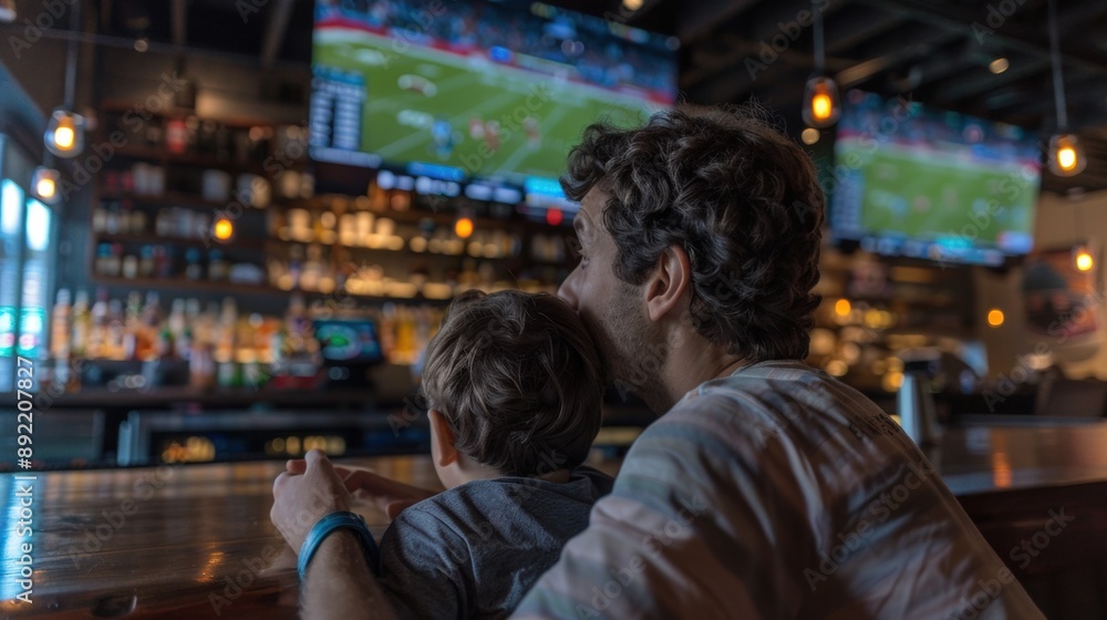 A man and a child watching a soccer game A man and a child watching a soccer game