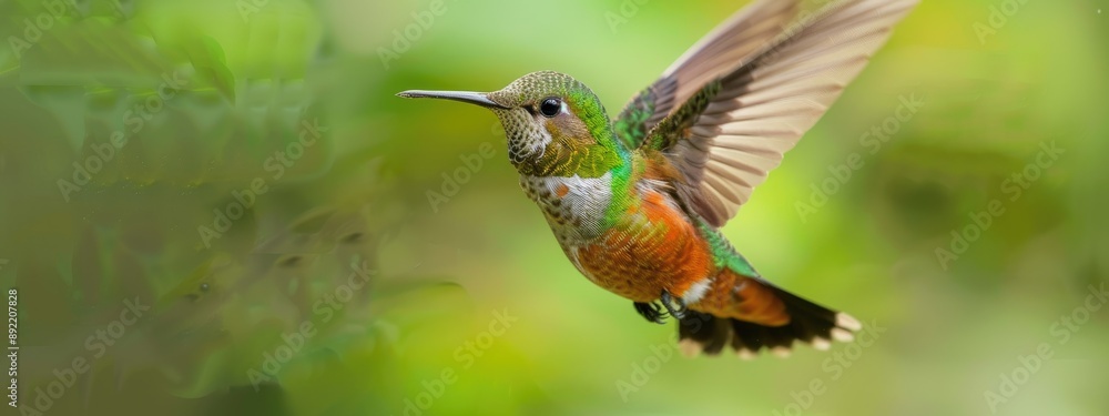 A close-up shot of a cute Snowy-bellied hummingbird flying on a blurred background. A close-up shot of a cute Snowy-bellied hummingbird flying on a blurred background.