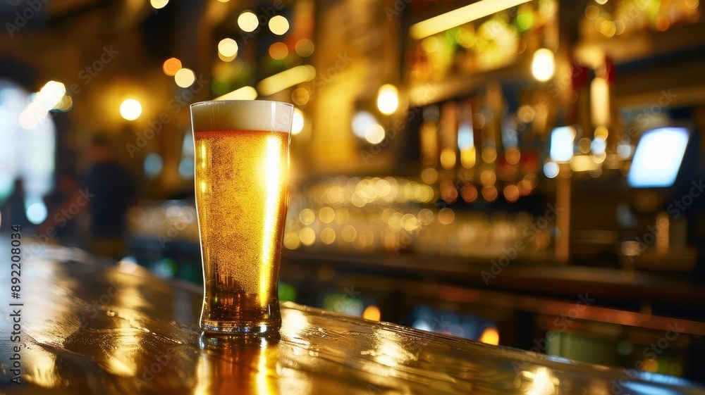 A refreshing pint of golden beer on a wooden bar, illuminated by warm lights, perfect for a cozy evening. A refreshing pint of golden beer on a wooden bar, illuminated by warm lights, perfect for a cozy evening.