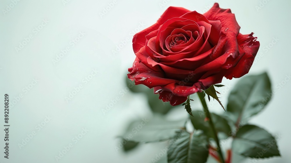 A stunning red rose with delicate petals and lush green leaves, symbolizing love and beauty against a soft background. A stunning red rose with delicate petals and lush green leaves, symbolizing love and beauty against a soft background.