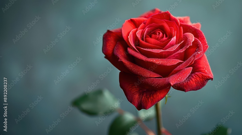 A stunning red rose with intricate petals and lush greenery, symbolizing love and beauty against a soft background. A stunning red rose with intricate petals and lush greenery, symbolizing love and beauty against a soft background.