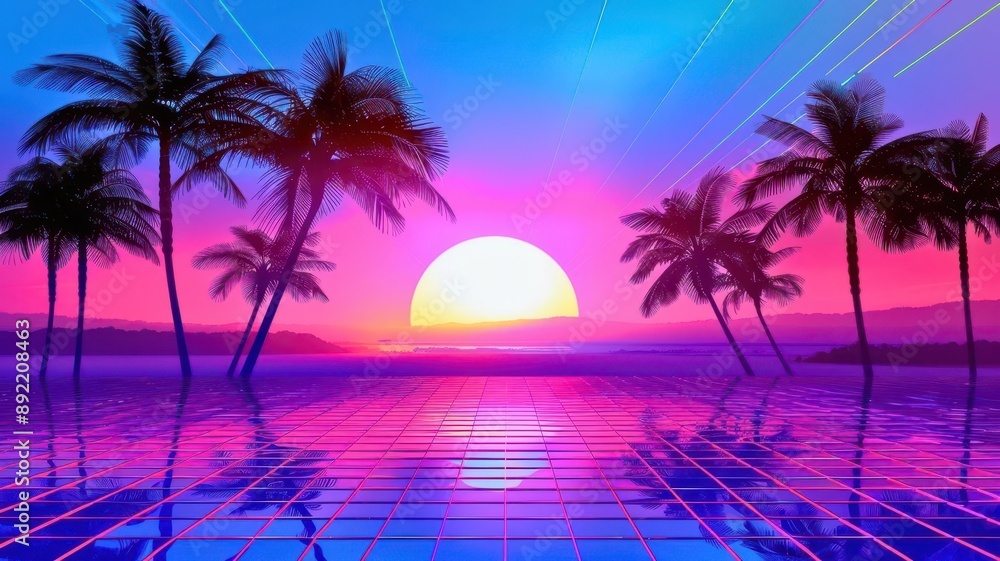 A vibrant sunset over a calm ocean, highlighted by palm trees and vivid neon colors, perfect for a tropical or retro-themed aesthetic. A vibrant sunset over a calm ocean, highlighted by palm trees and vivid neon colors, perfect for a tropical or retro-themed aesthetic.