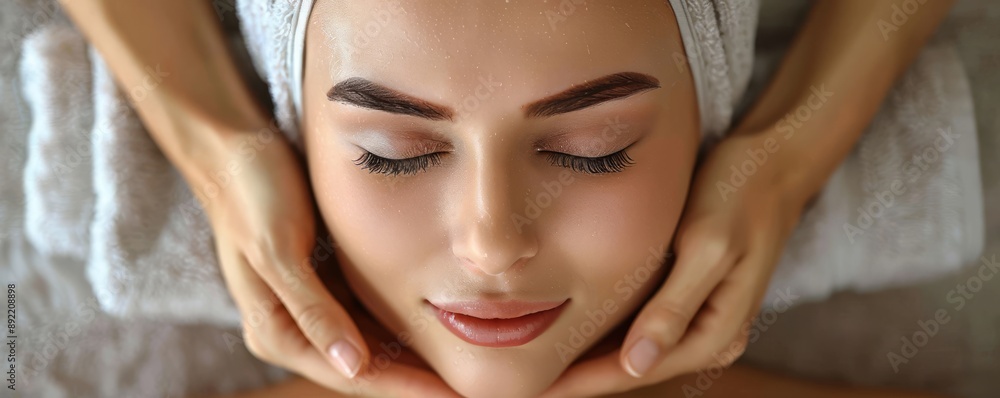 Naklejka premium Woman Enjoying a Relaxing Facial Massage at Spa with Towel Wrap and Closed Eyes