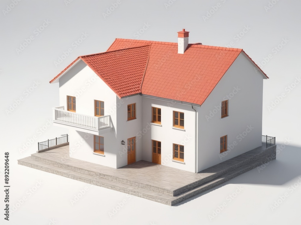 Newly built residential home featuring a classic red roof and clean white exterior walls, isolated on white background. Newly built residential home featuring a classic red roof and clean white exterior walls, isolated on white background.
