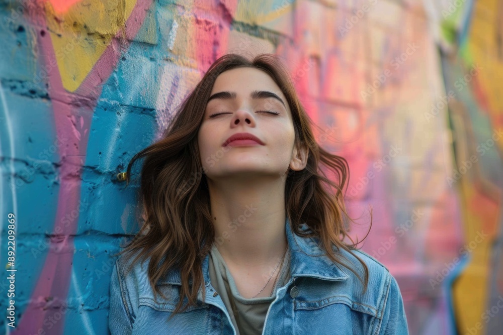 A person standing in front of a vibrant and artistic backdrop, with bold colors and creative design A person standing in front of a vibrant and artistic backdrop, with bold colors and creative design