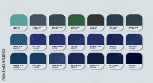 Navy Color Palette, Navy Blue Color Guide Palette with Color Names. Catalog Samples of Dark Blue with RGB HEX codes and Names. Deep Blue Colors Palette Vector, Fashion Trend Navy Blue Color Palette