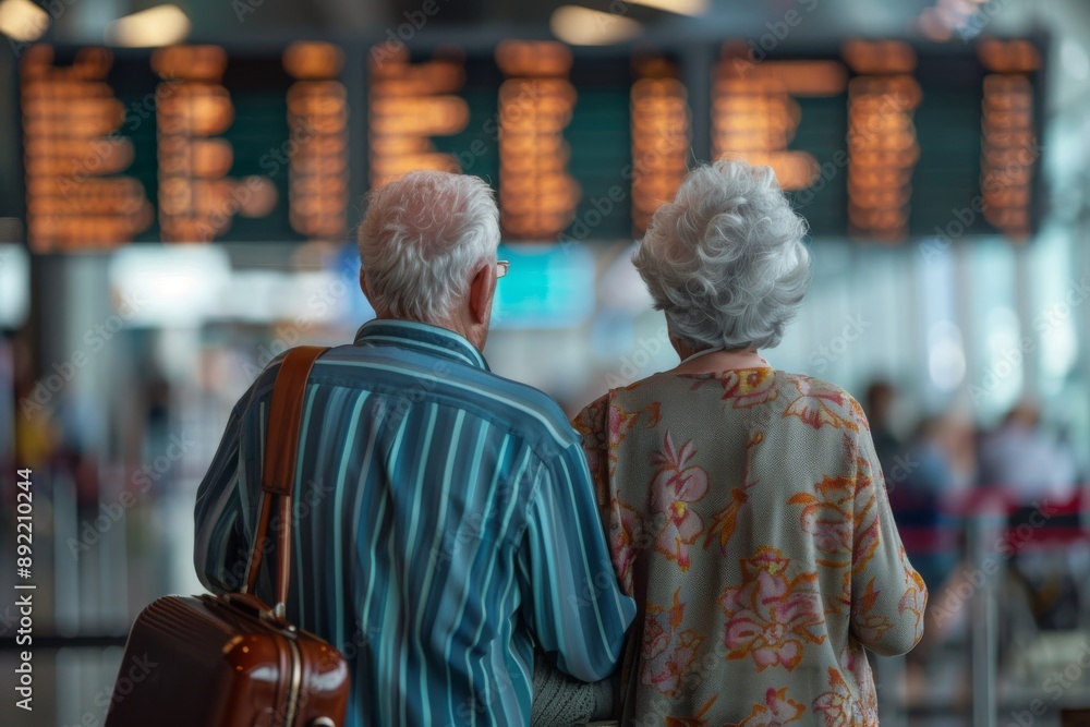 Elderly couple at the airport checking flight information on a departure board Elderly couple at the airport checking flight information on a departure board