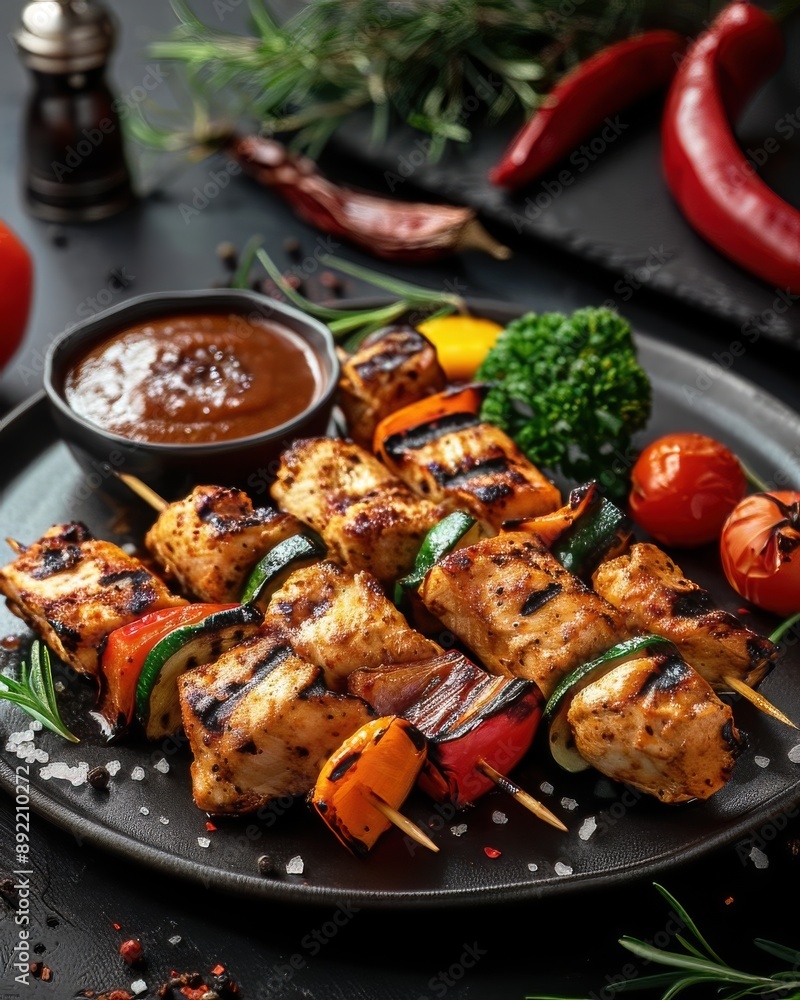 Grilled Chicken and Vegetable Skewers with a Side of Sauce Grilled Chicken and Vegetable Skewers with a Side of Sauce