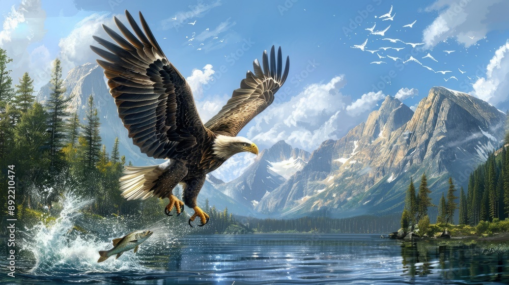 An eagle with extended wings perched on the ground in front of a backdrop of dark and stormy clouds An eagle with extended wings perched on the ground in front of a backdrop of dark and stormy clouds