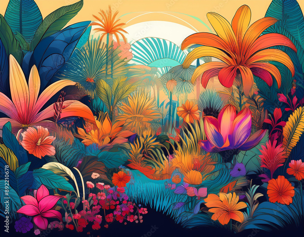 Tropical Garden with Colorful Flowers and Plants in a Whimsical Style Tropical Garden with Colorful Flowers and Plants in a Whimsical Style