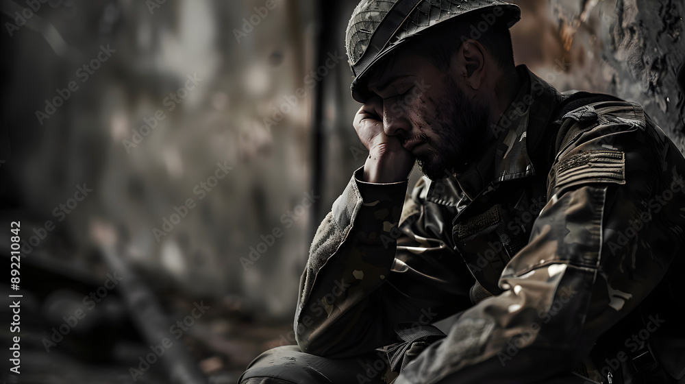 Obraz premium Solitary soldier in contemplation, a powerful image for documentary projects and editorial on war and peace