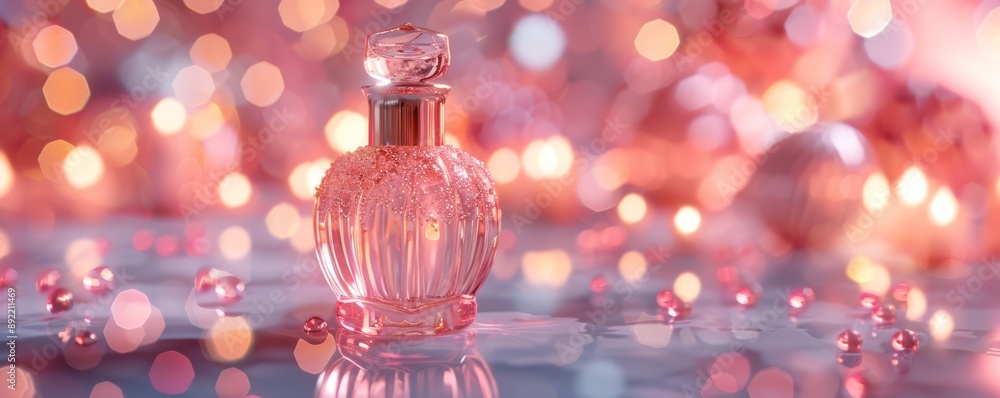 Elegant Pink Perfume Bottle with Glitter Design on Reflective Surface and Bokeh Lights Elegant Pink Perfume Bottle with Glitter Design on Reflective Surface and Bokeh Lights