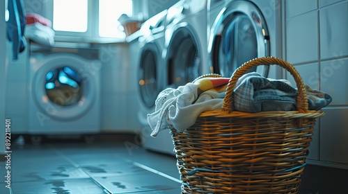 Basket with dirty clothes near washing machines in laundry room