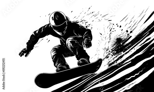 Snowboard, extreme sport, sportsman skiing with snowboard, vector image, black on transparent background