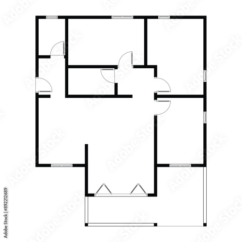 Black and White floor plan of a modern unfurnished house for your design. Suburban house vector blueprint. Architectural background