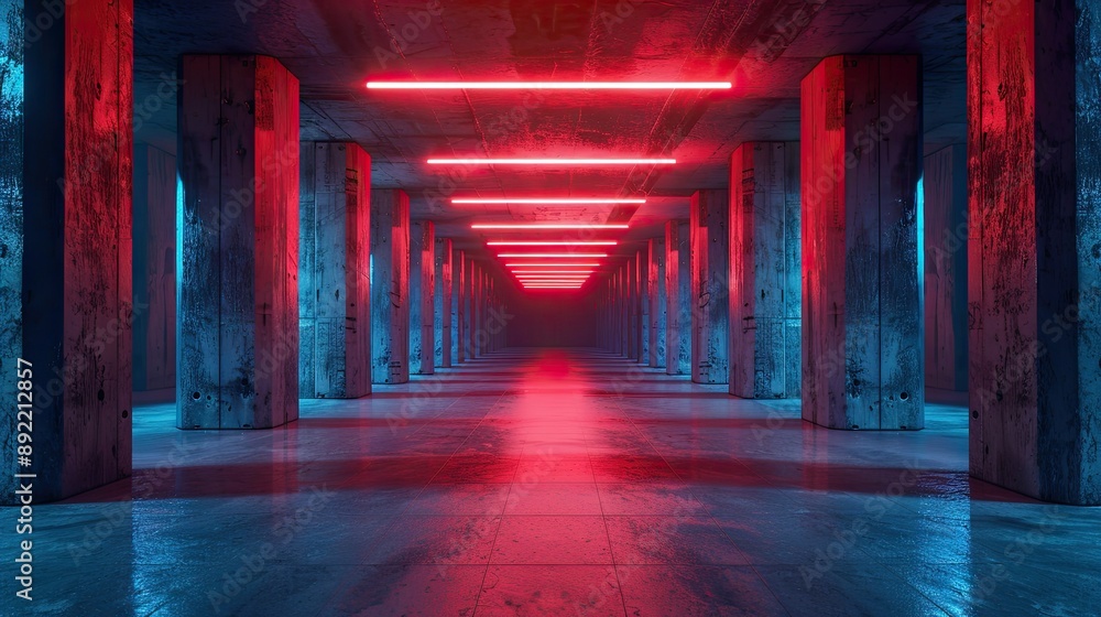 blue Red Glowing Concrete Hallway Tunnel Corridor Dark Underground blue Red Glowing Concrete Hallway Tunnel Corridor Dark Underground