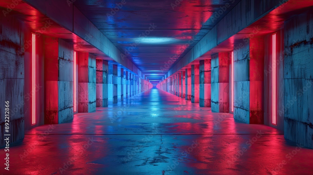 blue Red Glowing Concrete Hallway Tunnel Corridor Dark Underground blue Red Glowing Concrete Hallway Tunnel Corridor Dark Underground