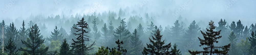 Fototapeta premium Panoramic view of misty pine forest in the early morning
