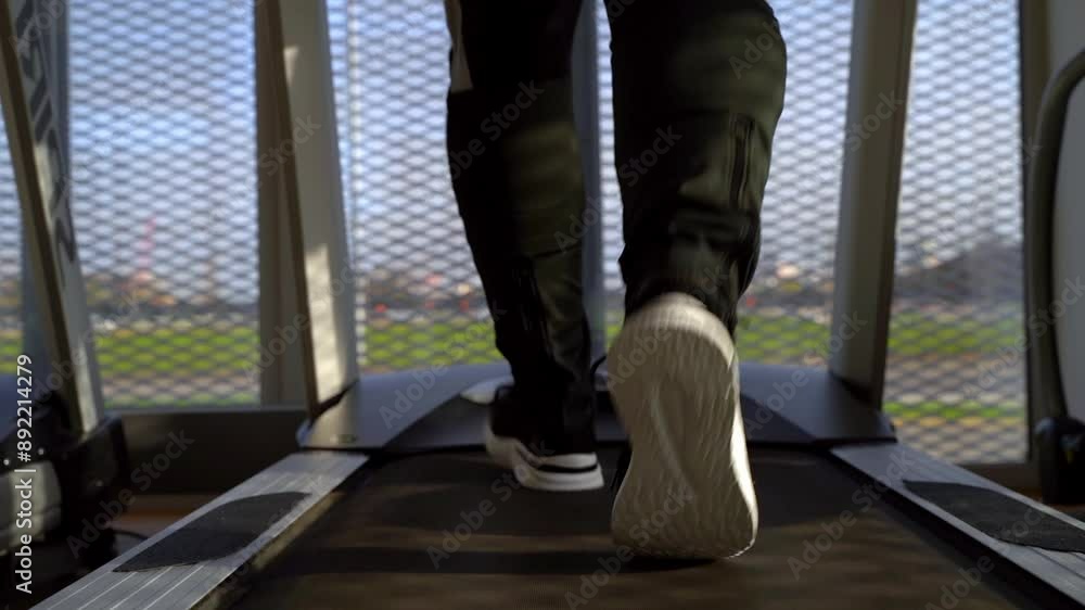 Athlete on treadmill in sunny gym.selective focus Athlete on treadmill in sunny gym.selective focus