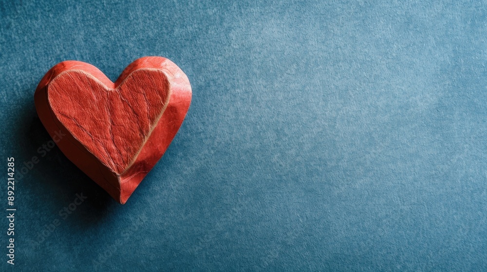 Obraz premium Red heart on blue paper symbolizes romance and love on Valentine s Day