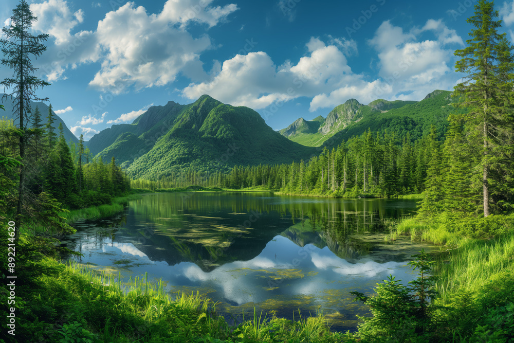Panoramic View of Lush Green Forest with Serene Mountain Lake Panoramic View of Lush Green Forest with Serene Mountain Lake