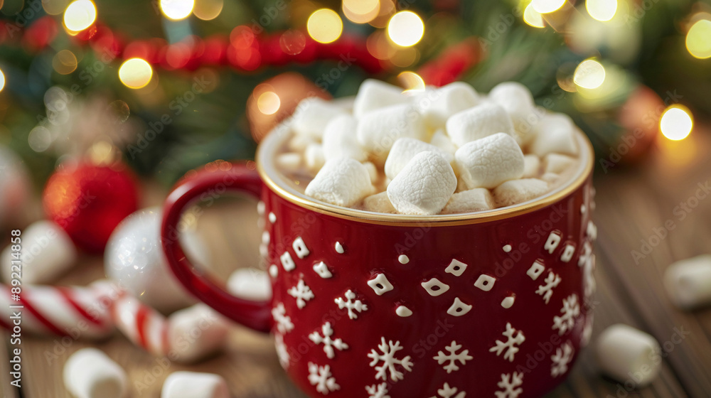 Hot cocoa with marshmallows in a festive mug Merry Christmas background. Hot cocoa with marshmallows in a festive mug Merry Christmas background.