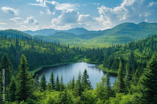 Panoramic View of Lush Green Forest with Serene Mountain Lake