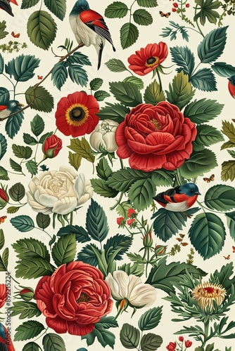 37. Seamless design of roses, peonies, and lush greenery with small animals. High resolution, very detailed, Isolated on pastel background