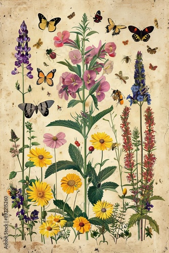 38. Detailed botanical print of medicinal plants and herbs with insects. High resolution, very detailed, Isolated on pastel background