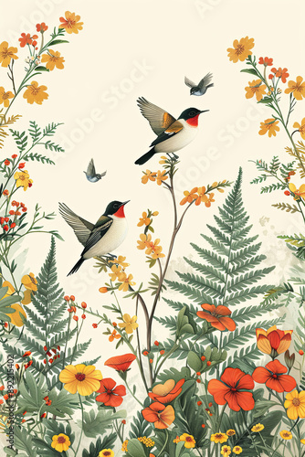 42. Botanical illustration featuring ferns, flowers, and small birds in a lush design. High resolution, very detailed, Isolated on pastel background