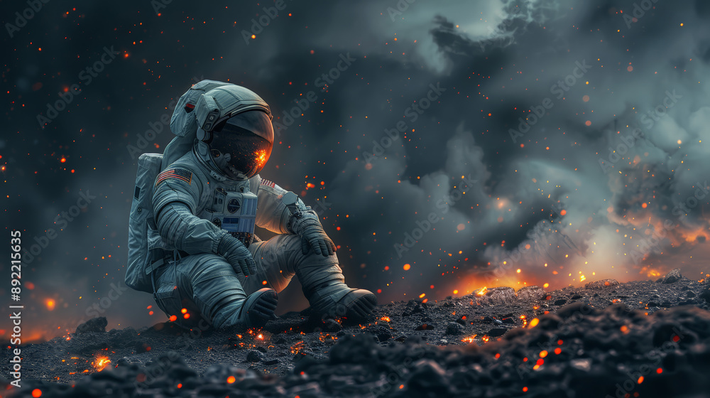 Fototapeta premium Lone Astronaut In Spacesuit Standing On The Moon Looking At The Distant Earth