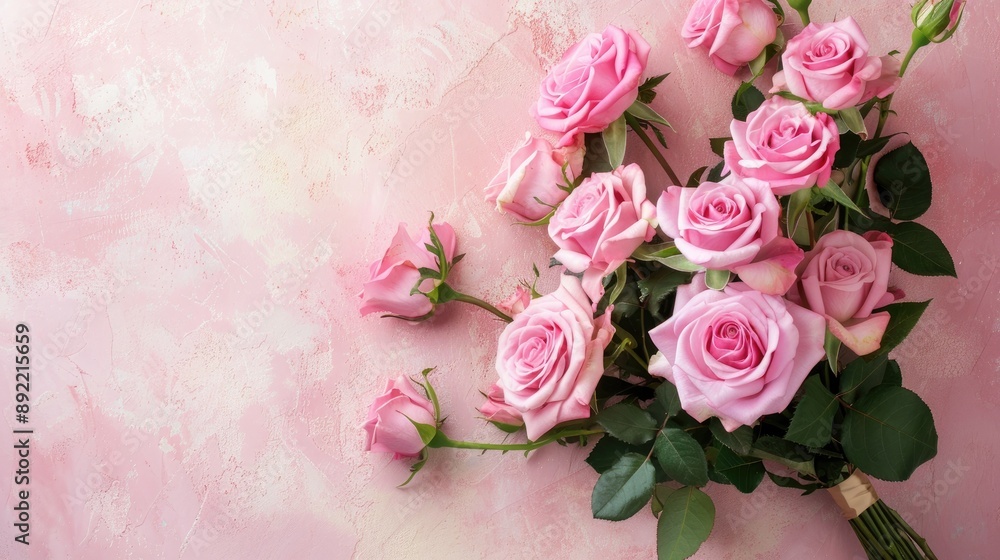 Pink roses bouquet on light pink table viewed from above with space for text Emphasizing wedding theme Pink roses bouquet on light pink table viewed from above with space for text Emphasizing wedding theme